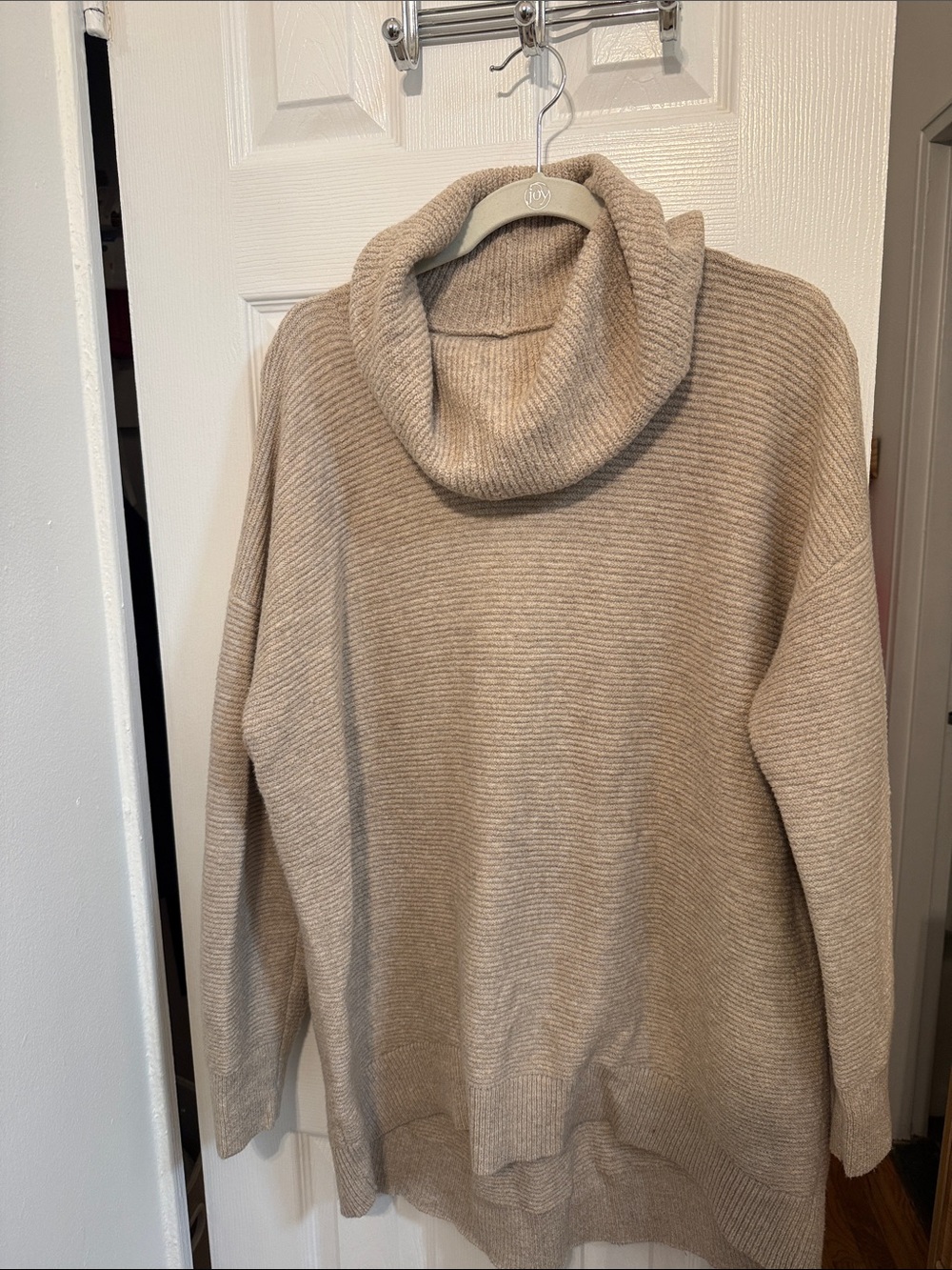 LOFT Beige Ribbed Cowl Neck Sweater